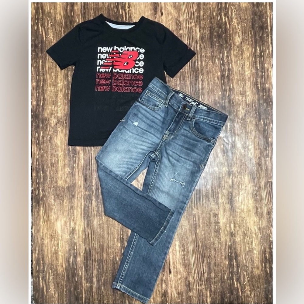 New Balance Black Graphic T-Shirt and Distressed Blue Jeans